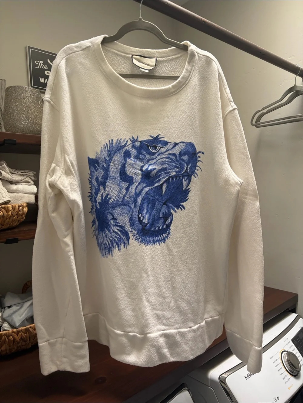 Gucci White Crewneck Sweatshirt with Blue Tiger Motif
